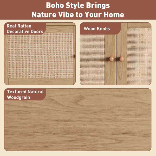 Mueble de TV Boho para televisores de 65, 75, 85 pulgadas, centro de entretenimiento con almacenamiento abierto y cajones, consola de TV de medios de madera moderna con ratán natural