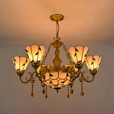 Lámpara de araña de cristal de colores azul/beige con diseño rústico de hojas y 8 luces