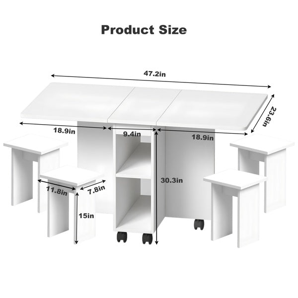 Juego de Mesa de Comedor Plegable con Hoja Caída para 4 Personas con 4 Sillas, Mesa de Comedor Plegable Ahorra Espacio con Almacenamiento y 6 Ruedas, 47.2 Pulgadas de Profundidad x 23.6 Pulgadas de Ancho x 30.3 Pulgadas de Altura, Blanco