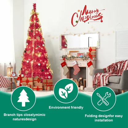 6FT Red Pop-Up Christmas Tree With 150 Warm White LED Lights, Ornaments Included – 4 Ribbons, Bow, Flowers, Snowflakes, Pine Cones & Balls – Easy Assembly & Space-Saving Holiday Décor