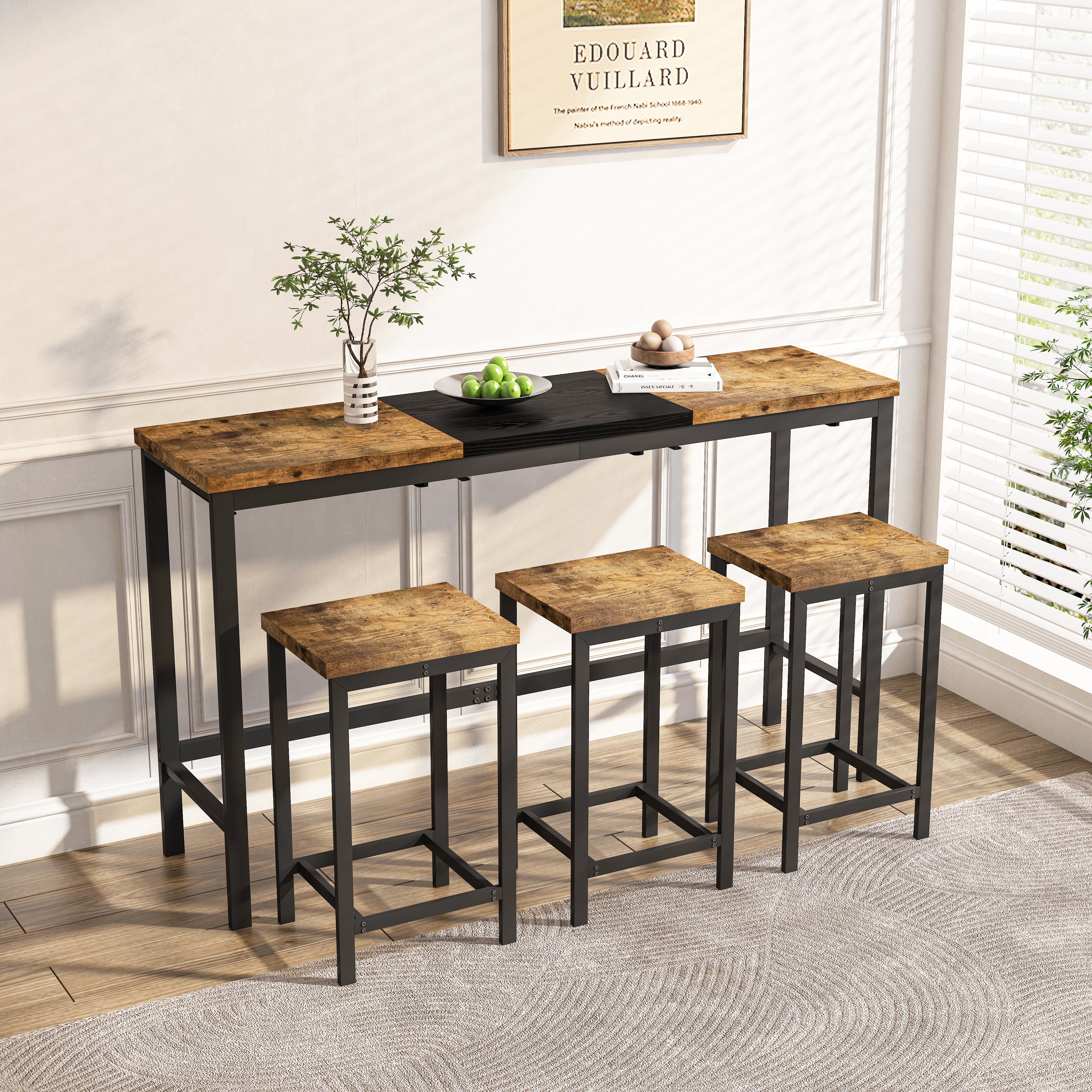 Moderne Design-Küchentisch-Essgruppe, Pub-Tisch, Langer Essens-Tisch-Set mit 3 Hocker, Praktisches Hängender-Hocker-Design, Natürliches Schwarz,