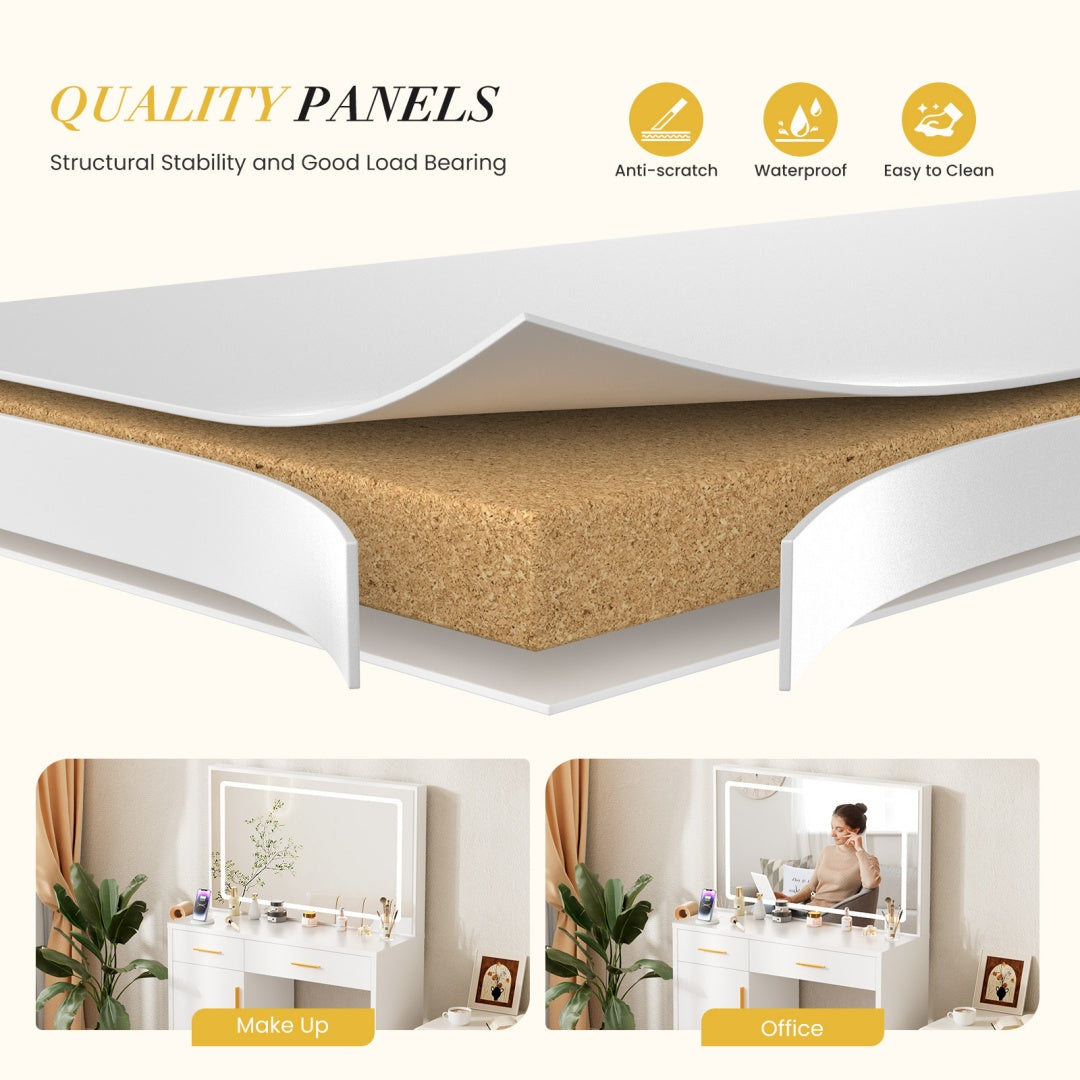 Mirror And Lights, Makeup Vanity Table With Charging Station , 2 Drawers & Large Cabinet, 3 Lighting Color Adjustable, Dressing Table