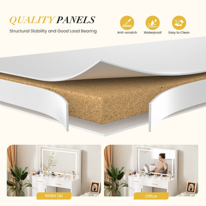 Mirror And Lights, Makeup Vanity Table With Charging Station , 2 Drawers & Large Cabinet, 3 Lighting Color Adjustable, Dressing Table