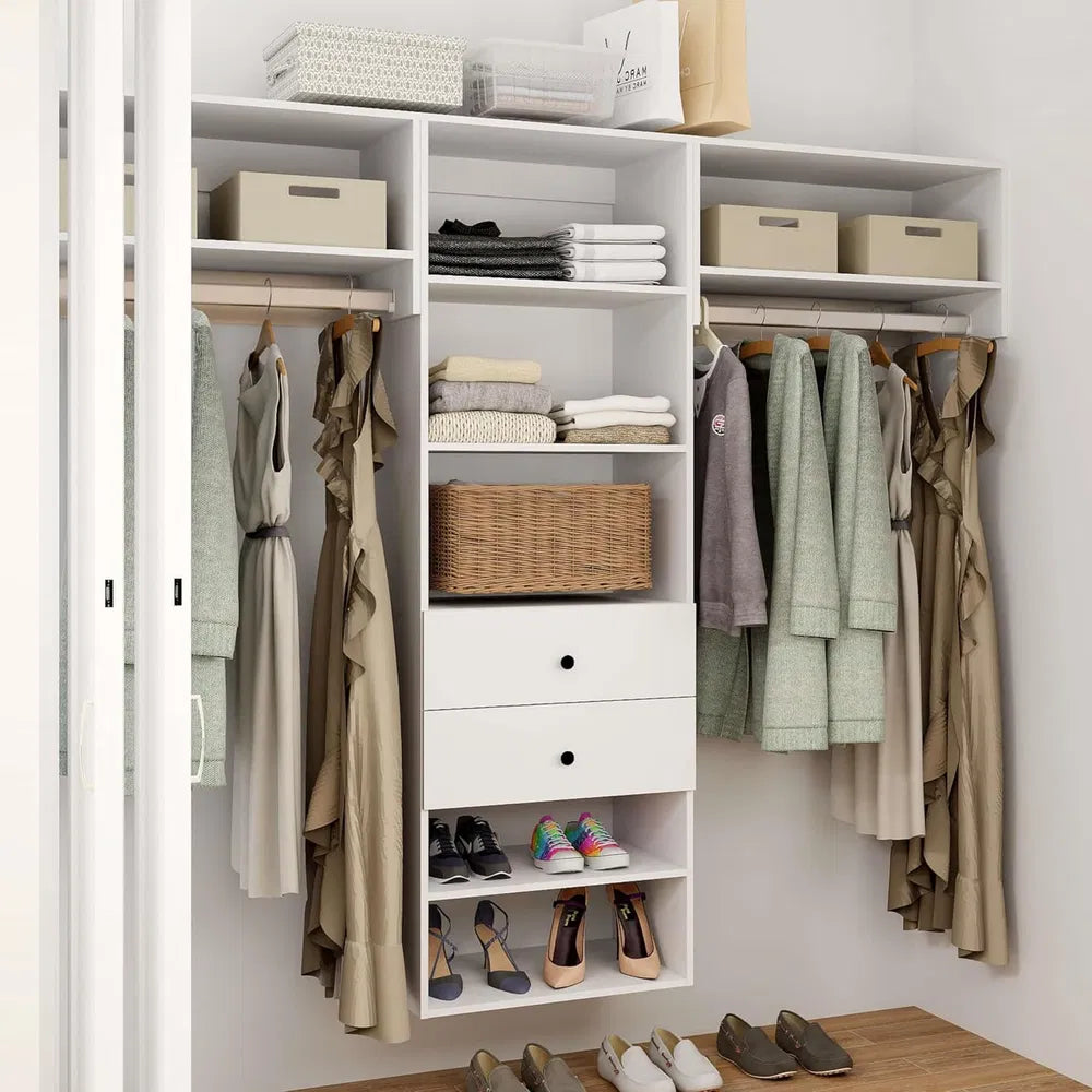 Sistema Organizador de Armario, Sistema de Armario Empotrado de 71" de Altura con Cajones, Armario de Madera con Estantes, Sistema de Armario de Madera DIY con Estantes de Armario Montados en la Pared (87" de Ancho x 16" de Profundidad x 71" de Altura)