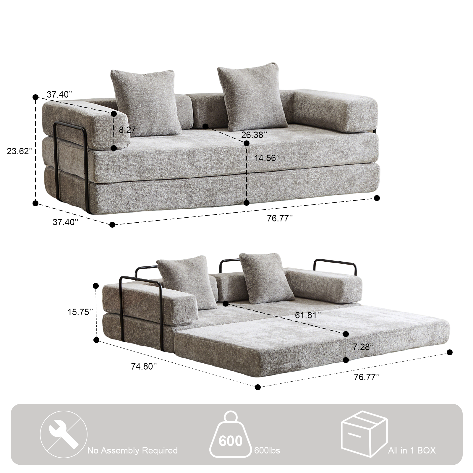 Sofá de Suelo, Sofá con Compresión, Sofá Cama Convertible de Suelo - con Soporte de Espalda en Almohada y Reposabrazos, Sofá Futón Cómodo para Reposar Cama para Dormir, Tejido de Chenille, para Sala de Estar y Dormitorio GRIS CLARO
