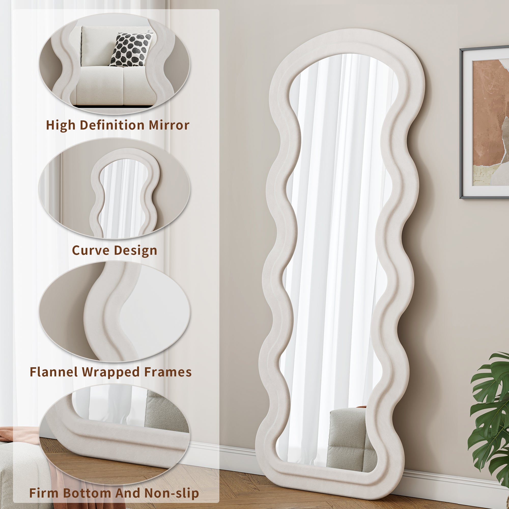 Espejo de Piso de Olas de Largo Completo en Franela para Dormitorio o Sala de Estar, Colgante o Contra la Pared, Blanco