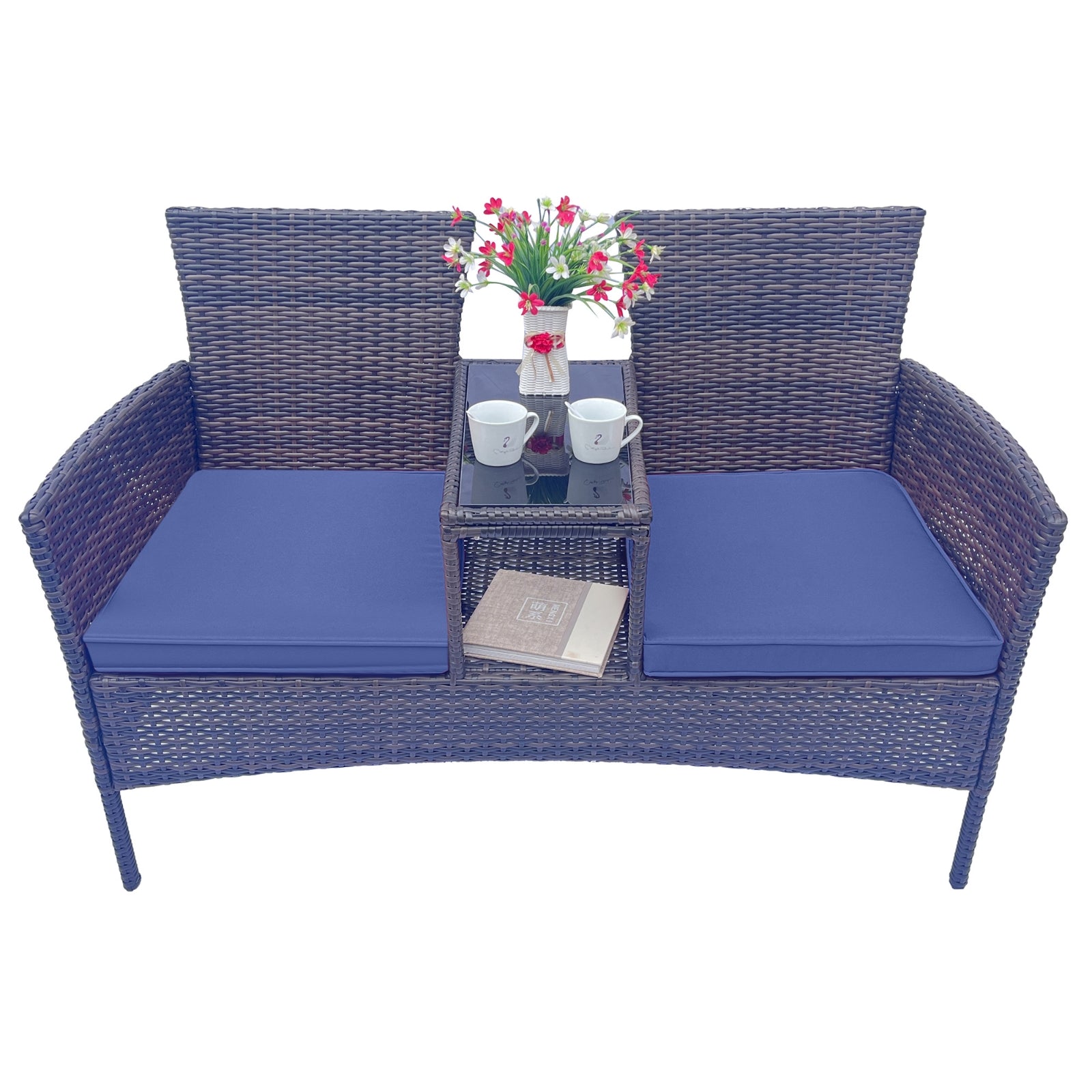 Juego de Muebles de Conversación para Patio de Mimbre, Juego de Muebles de Exterior con Cojines Desmontables y Mesa, Temp