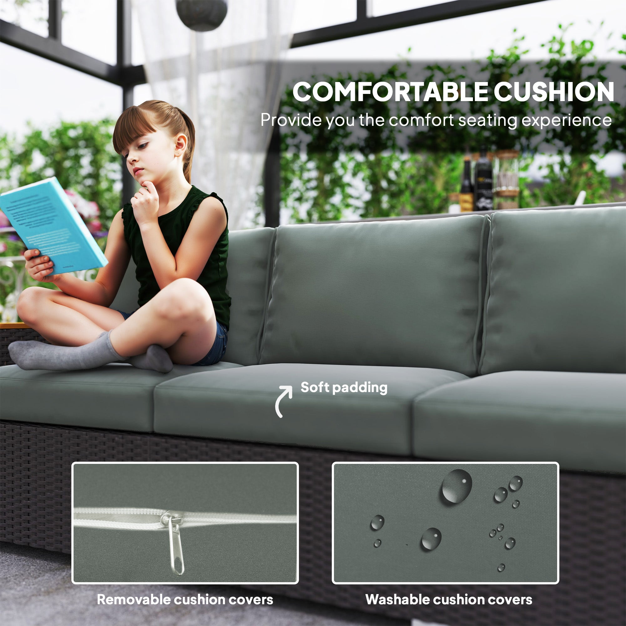 Sofá de Patio Exterior para 3 Personas con Cojines, Sofá de Mimbre de Ratán PE con Reposabrazos Anchos, Sofá de Mimbre Exterior, Gris Oscuro