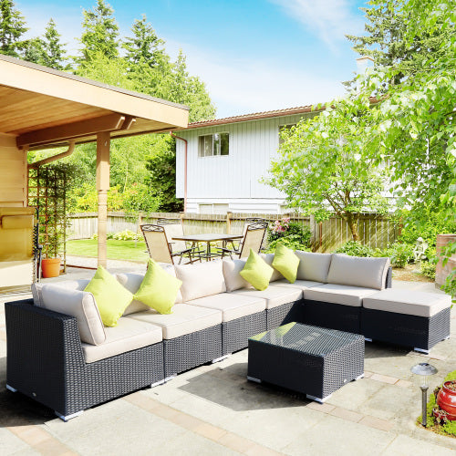 Outsunny Conjunto de Sofá de Esquina de Ratán PE de 8 Piezas con Cojines Gruesos, Conjunto de Muebles de Jardín de Ratán Exterior de Aluminio con Mesa de Tapa de Vidrio, Sin Ensamblaje Requerido, Negro