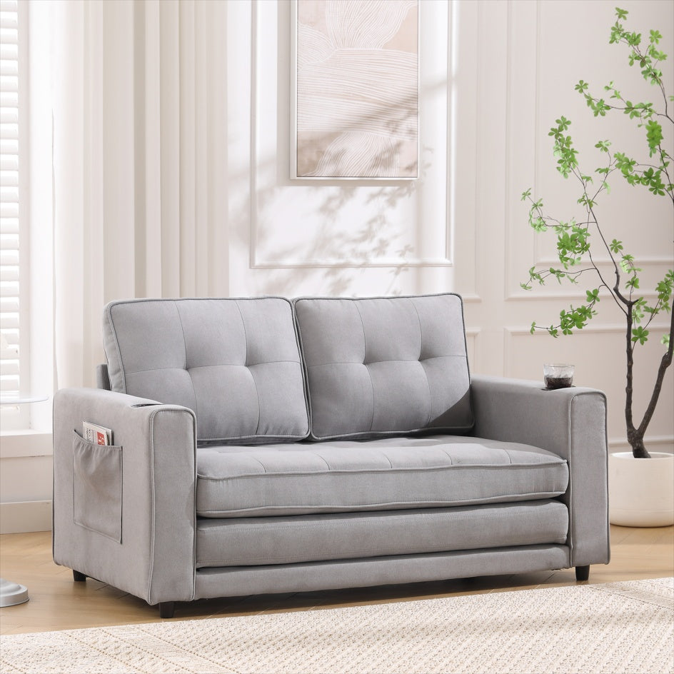 Sofá Futón Tapizado 3 en 1 Convertible en Cama, Loveseat Plegable con Tapizado y Cama Extensible con Colchón Extraíble