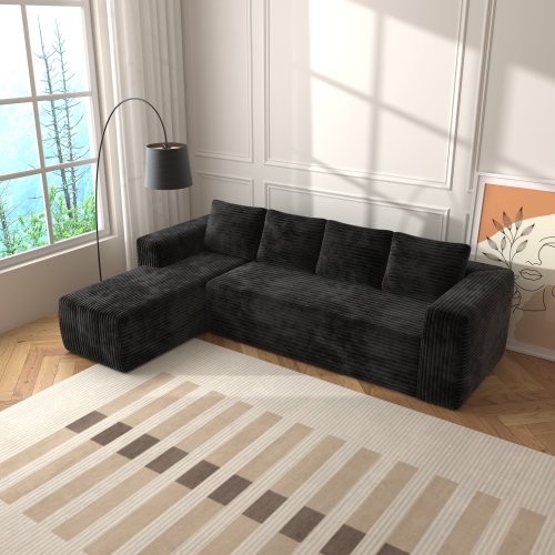 Sofá Seccional Cloud con Chaise en Forma de L, Sofá Modular Moderno con Asiento Profundo, Sofás Tapizados con Chaise Orientado a la Derecha para Sala de Estar o Dormitorio, Sin Ensamblaje Requerido, Tela de Terciopelo Negro Suave