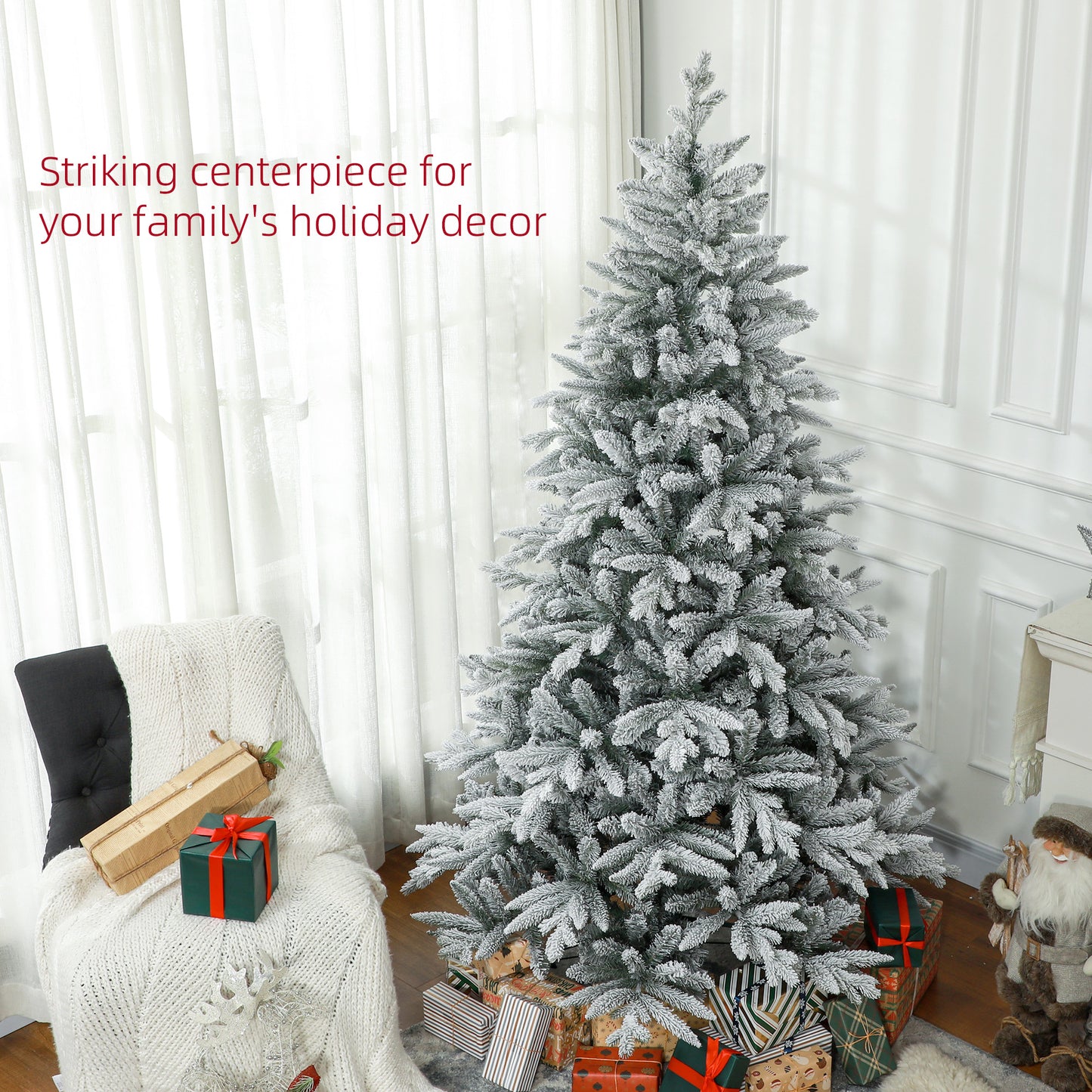 HOMCOM 7ft Snow Flocked Artificial Christmas Tree With 1401 Tips, Foldable Metal Stand, Easy Assembly, Hinged Xmas Tree For Home, Office, Holiday, Green