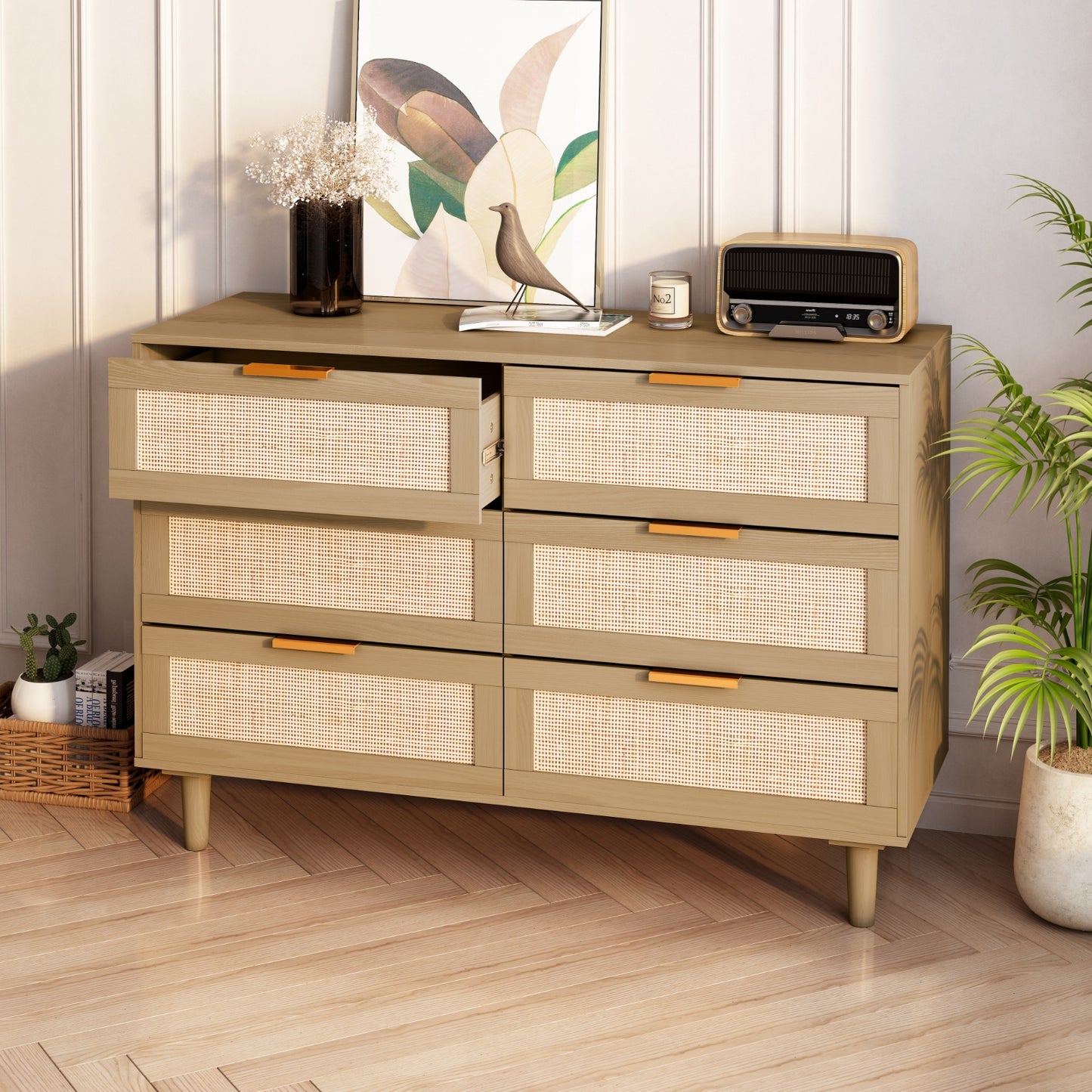 6 Drawers Rattan Dresser Rattan Drawer, Bedroom,Living Room