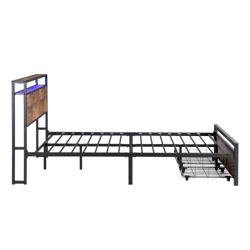 Queen-Size-Bettgestell mit Stauraum-Kopfteil und 2 Schubladen, LED-Licht-Bett mit Lade-Station