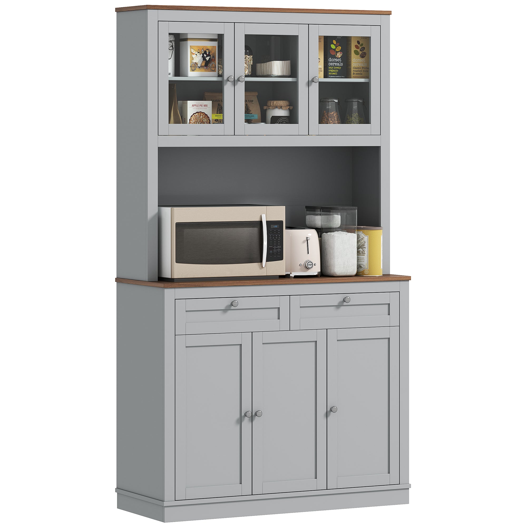 Gabinete de Alacena de Cocina de 71 Pulgadas con Soporte para Microondas, Alacena de Cocina con 2 Cajones y Estanterías Ajustables, Gris