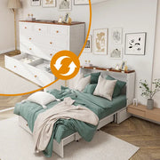Marco de Cama Murphy de Tamaño Queen con Cajones, Cama Murphy con Pecho y Estación de Carga, 2 Puertos USB, Cama Murphy Móvil para Arreglo de Dormir en Áreas Multipropósito para Dormitorio, Sala de Estar, Habitación de Huéspedes Blanco y Madera