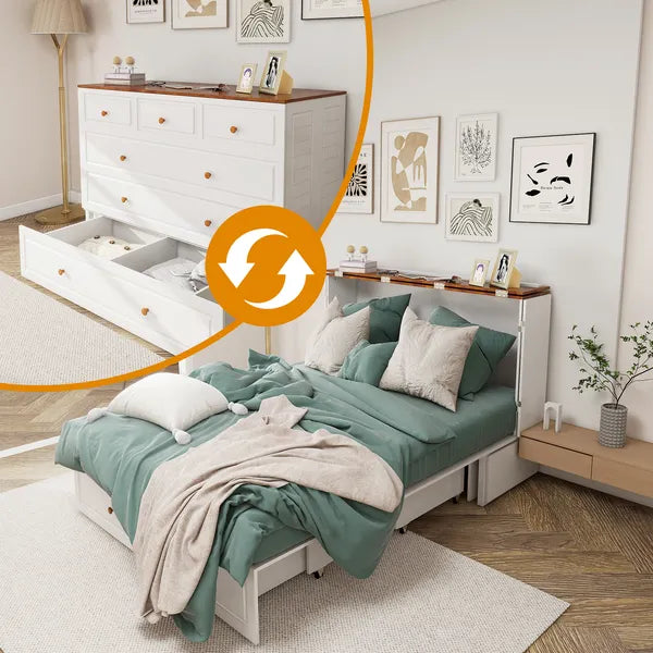 Marco de Cama Murphy de Tamaño Queen con Cajones, Cama Murphy con Pecho y Estación de Carga, 2 Puertos USB, Cama Murphy Móvil para Arreglo de Dormir en Áreas Multipropósito para Dormitorio, Sala de Estar, Habitación de Huéspedes Blanco y Madera