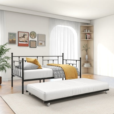 Estructura de Metal para Daybed de Tamaño Twin con Conjunto de Trundle, Sofá Cama de Día Twin, Daybed y Sofá Cama con Ruedas para Habitación de Invitados, Dormitorio, Sala de Estar, Estilo Victoriano, Negro