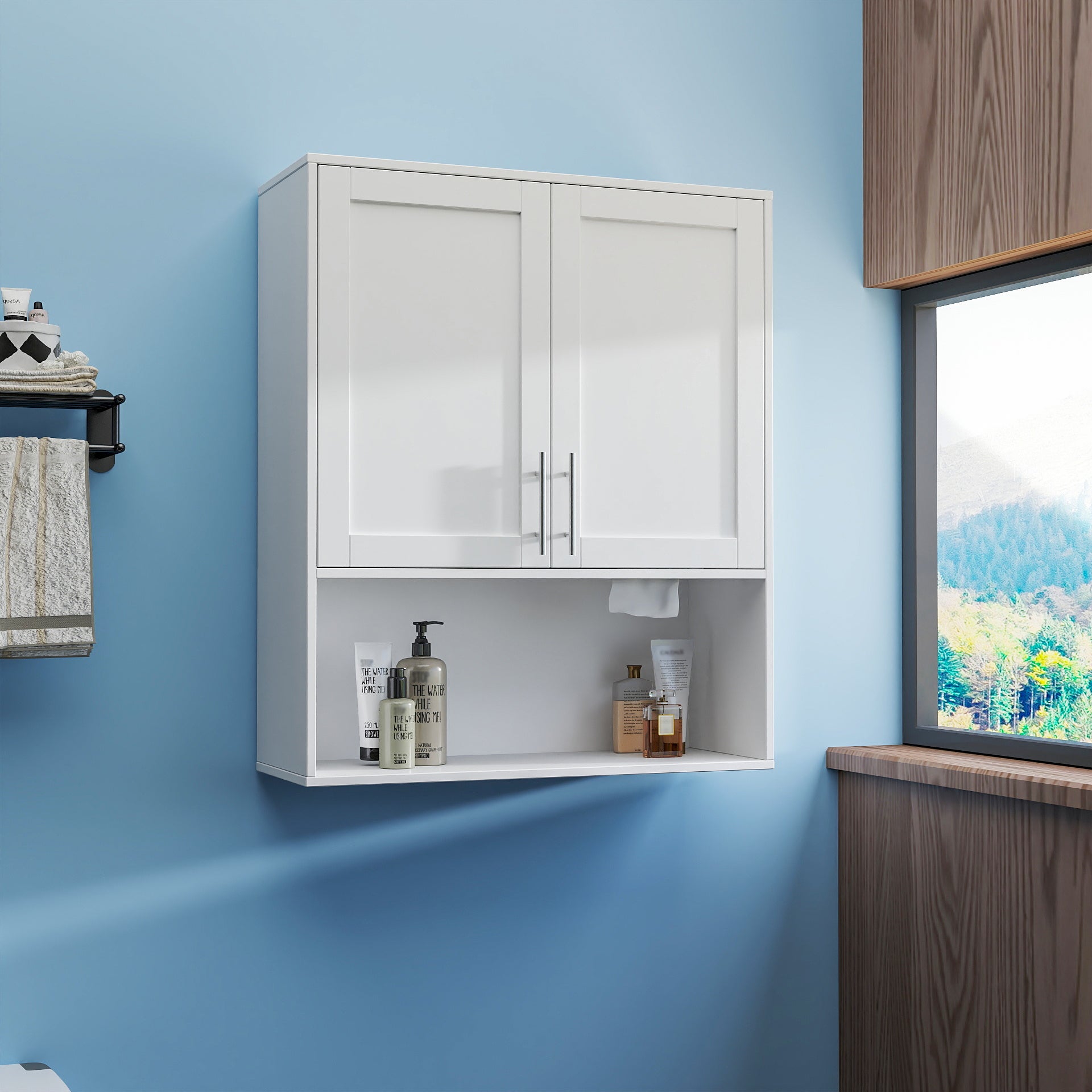 Badezimmerspiegelschrank - Zweitüriger Wand-Schrank Badezimmer-Waschbecken-Spiegelschrank mit Fach für Gesichtstücher und multifunktionalem Stauraumbereich