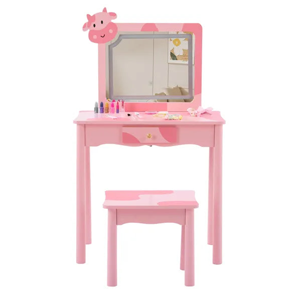 Pink MDF + Solid Wood Legs, Spray Paint + Silkscreen Printing, Cow Pattern, 1-drawer Children's Dressing Table Set, LED Three-color Backlit Touch Switch