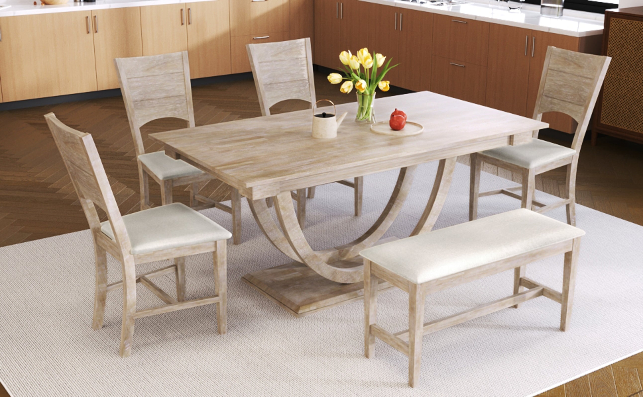Natural Wood Dining Set Half-Round Table Bench