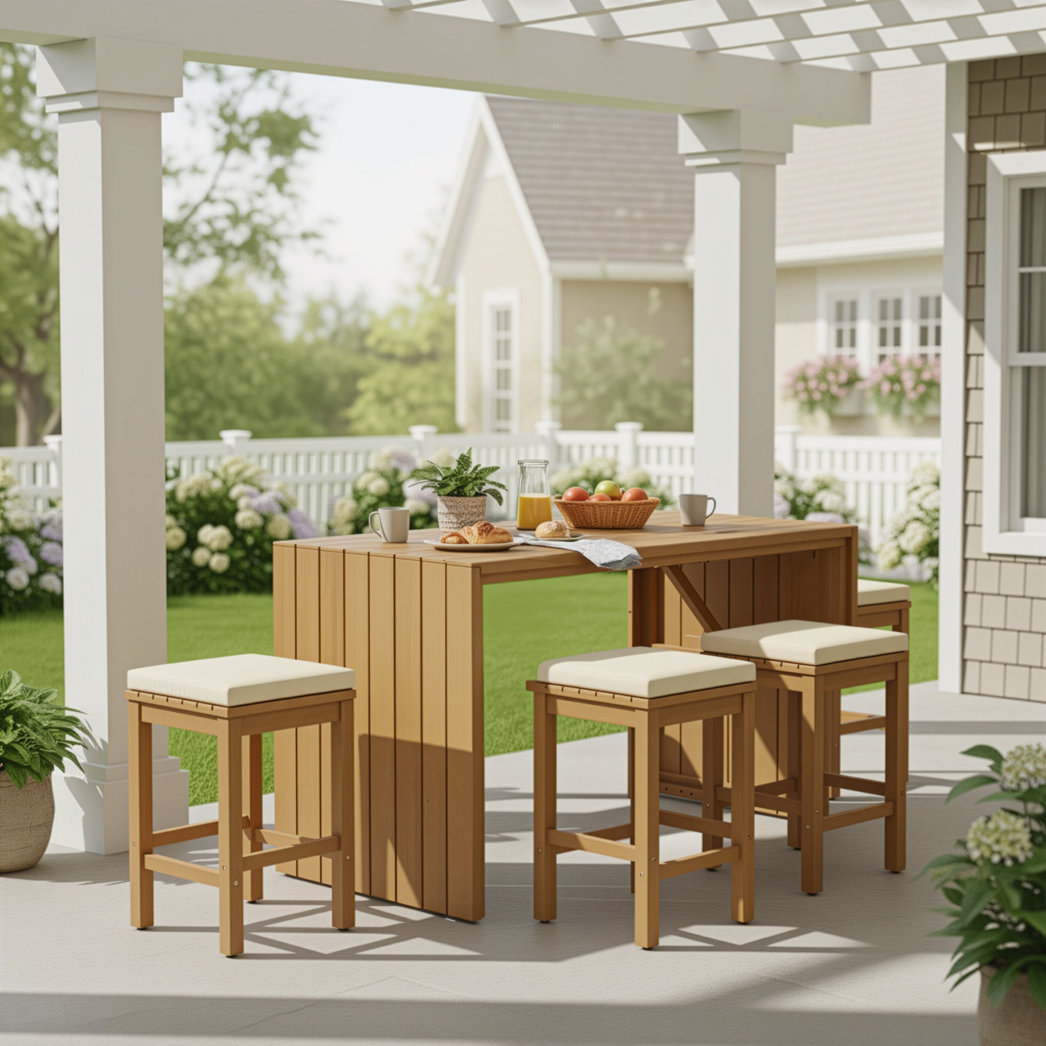 Juego de Bar Exterior de 5 Piezas, Mesa de Altura de Bar de Madera de Acacia para Patio y Cuatro Taburetes con Cojines, Juego de Bar de Comedor de Madera para Patio Trasero, Piscina, Balcón, Beige