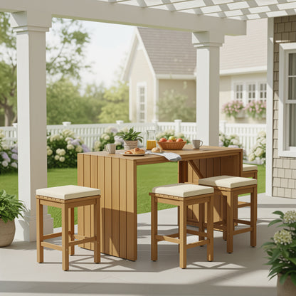 5 Piece Outdoor Bar Set, Patio Acacia Wood Bar Height Table & Four Stools With Cushions, Wood Dining Bar Set For Backyard, Poolside, Balcony, Beige