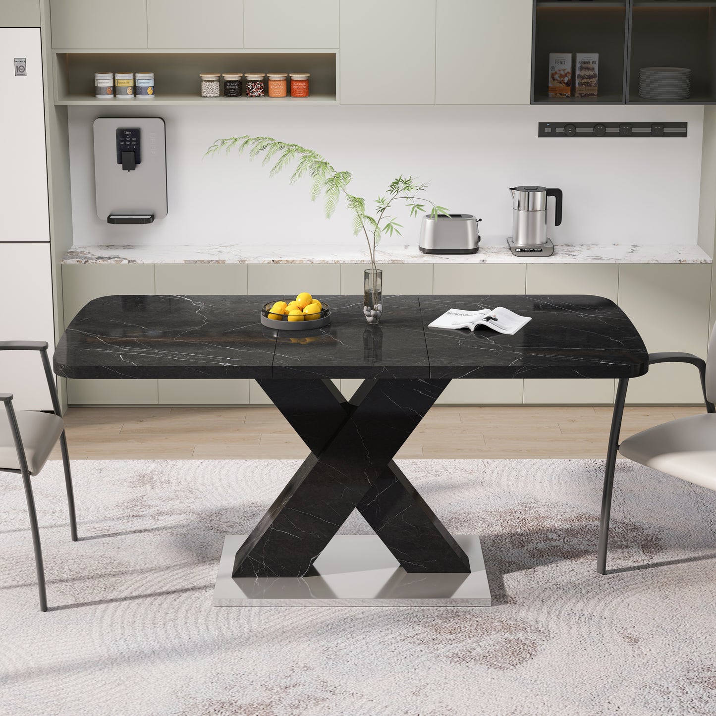 Modern Rectangle Dining Table Stretchable,Printed Black Marble Table Top MDF X-Shape Table Leg With Metal Base