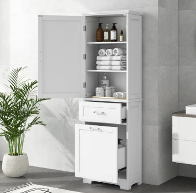 Alto Gabinete de Almacenamiento para Baño, Gabinete de Almacenamiento Independiente con Dos Cajones de Tamaños Diferentes y Estante Ajustable, Tablero de MDF con Acabado Pintado, Gris