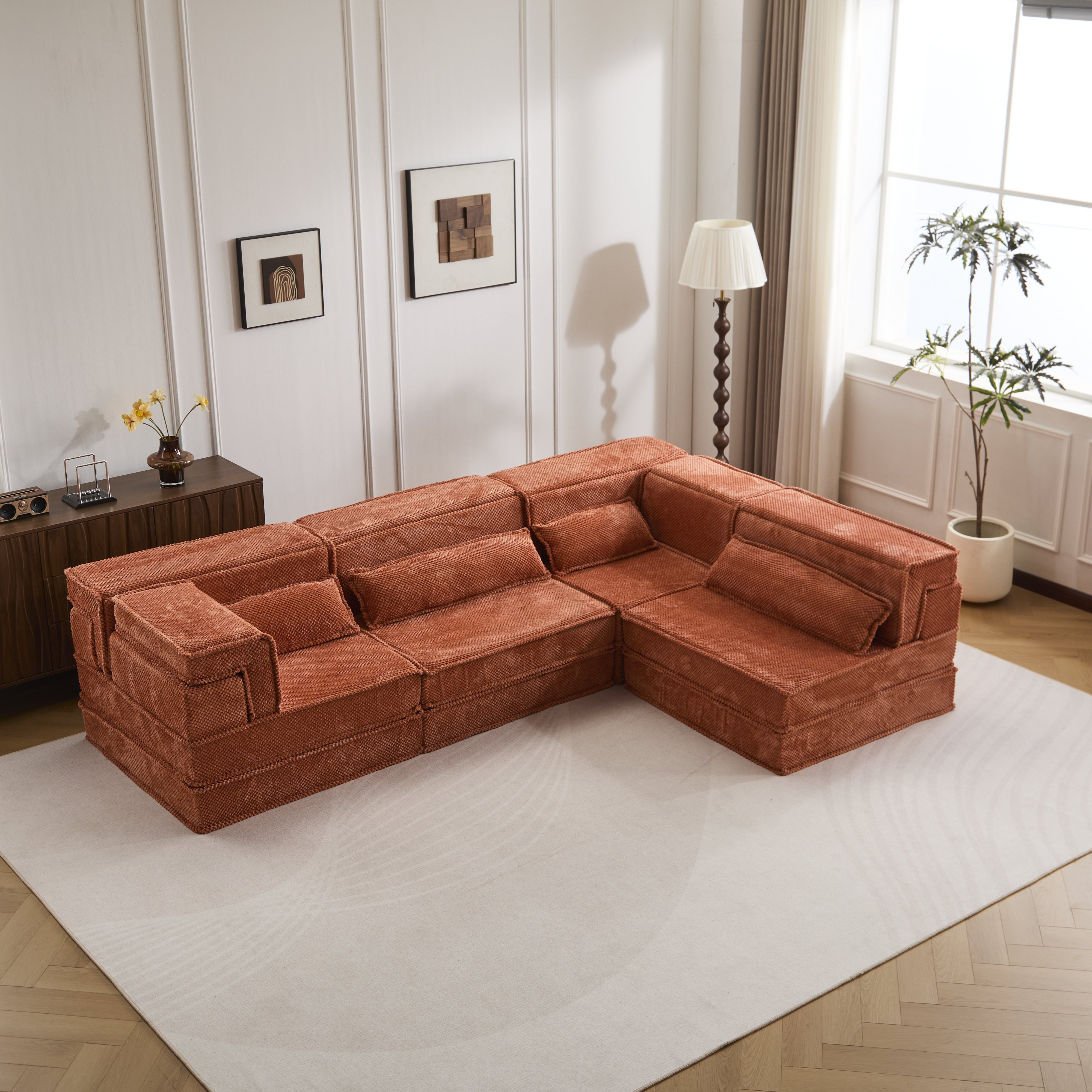 Sofá Mahjong de Compresión, Sofá Cama Convertible para el Suelo, Sofá Seccional Modular Sin Huesos DIY, Sin Ensamblaje Requerido, Tejido de Felpa Circular, Para 4 Personas de Tamaño Excesivo con 4 Almohadas, Naranja