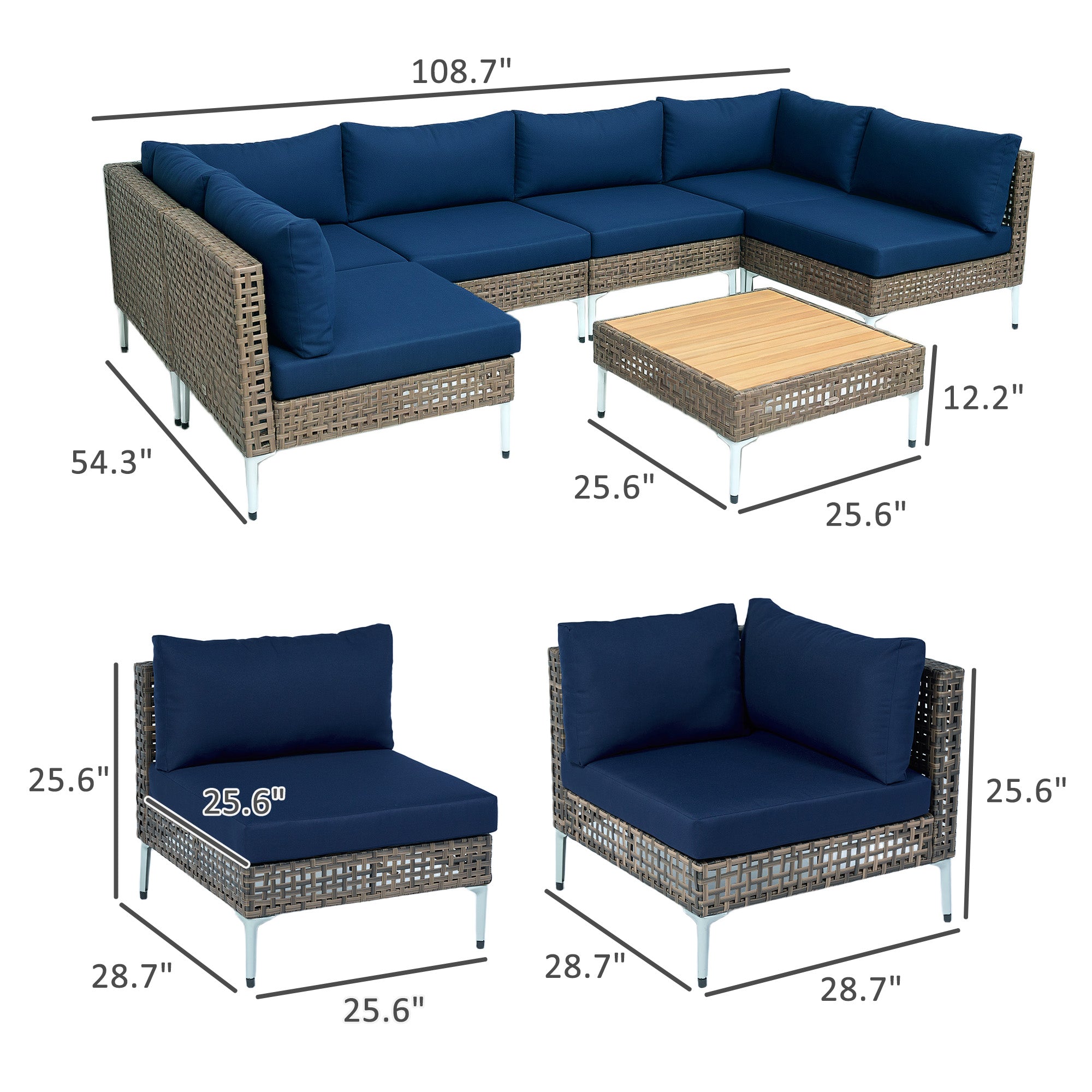 Juego de 7 Piezas de Muebles de Patio de Mimbre, Seccional Modular al Aire Libre con Cojines Engrosados, Mesa de Madera de Acacia, Marrón Azul