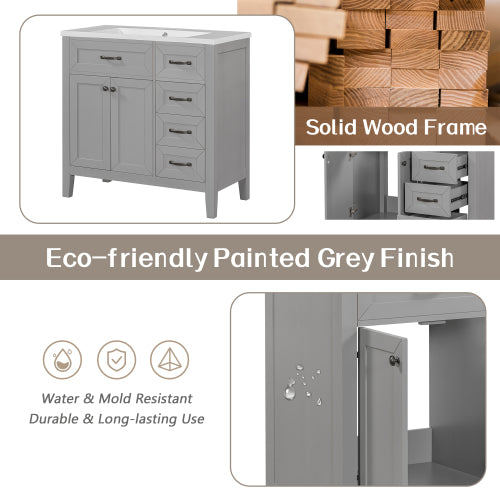 Lavabo de baño de 36 pulgadas con combinación de fregadero, gabinete de baño gris con cajones, marco sólido y tablero de MDF