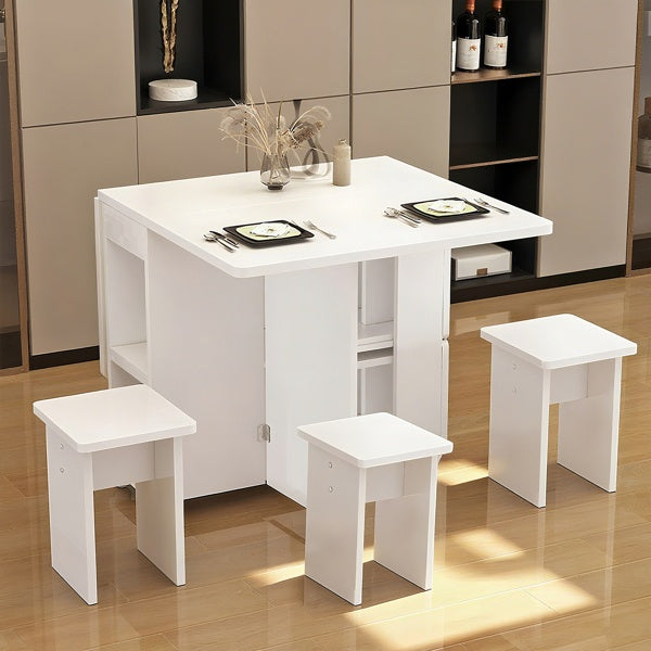 Juego de Mesa de Comedor Plegable con Hoja Caída para 4 Personas con 4 Sillas, Mesa de Comedor Plegable Ahorra Espacio con Almacenamiento y 6 Ruedas, 47.2 Pulgadas de Profundidad x 23.6 Pulgadas de Ancho x 30.3 Pulgadas de Altura, Blanco