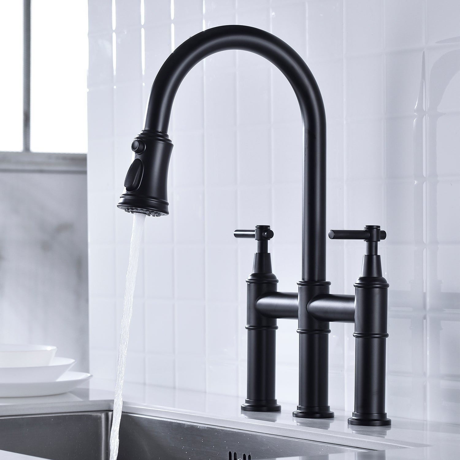 Matte Black Dual-Handle Kitchen Faucet