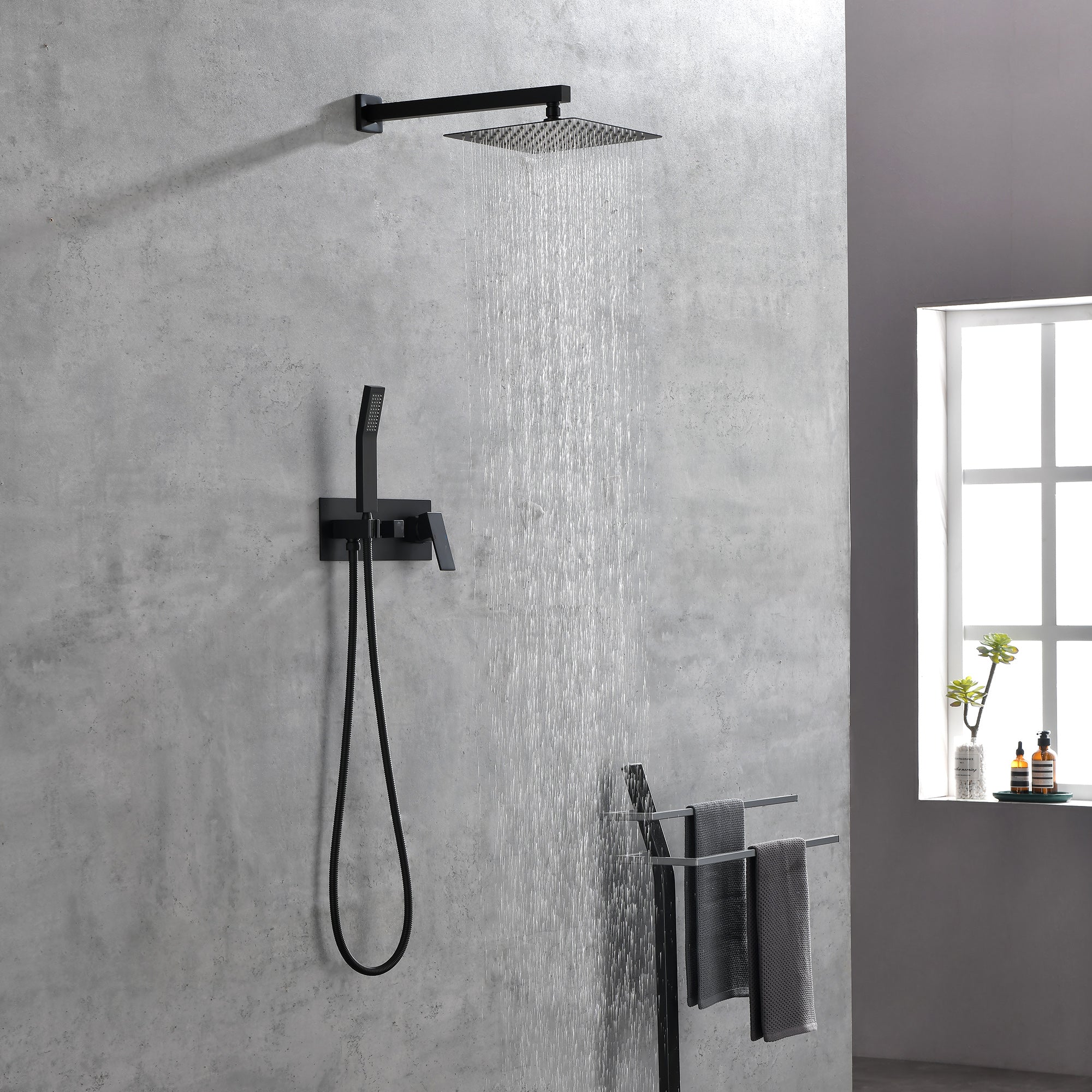 Messingdusche in mattschwarzer Ausführung mit Duschsystem, 10-Zoll-Duschkopf und Handbrause – Badezimmer-Deluxe-Duscharmatur-Kombination