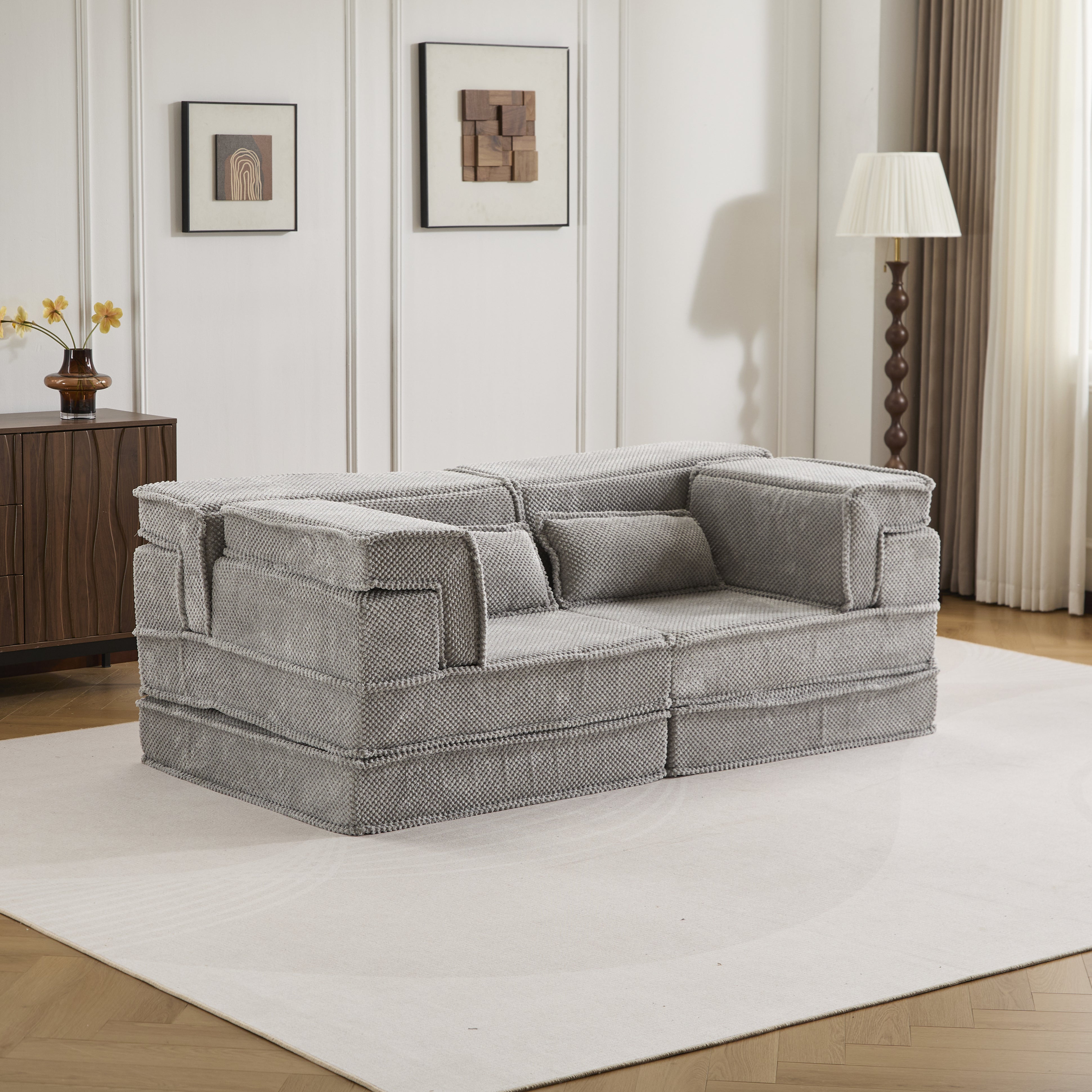 Sofá Mahjong de Compresión, Sofá Cama Convertible para el Suelo, Sofá Seccional Modular sin Huesos DIY, Sin Ensamblaje Requerido, Tejido de Lana de Círculo, Loveseat Sobredimensionado Moderno, Gris Claro