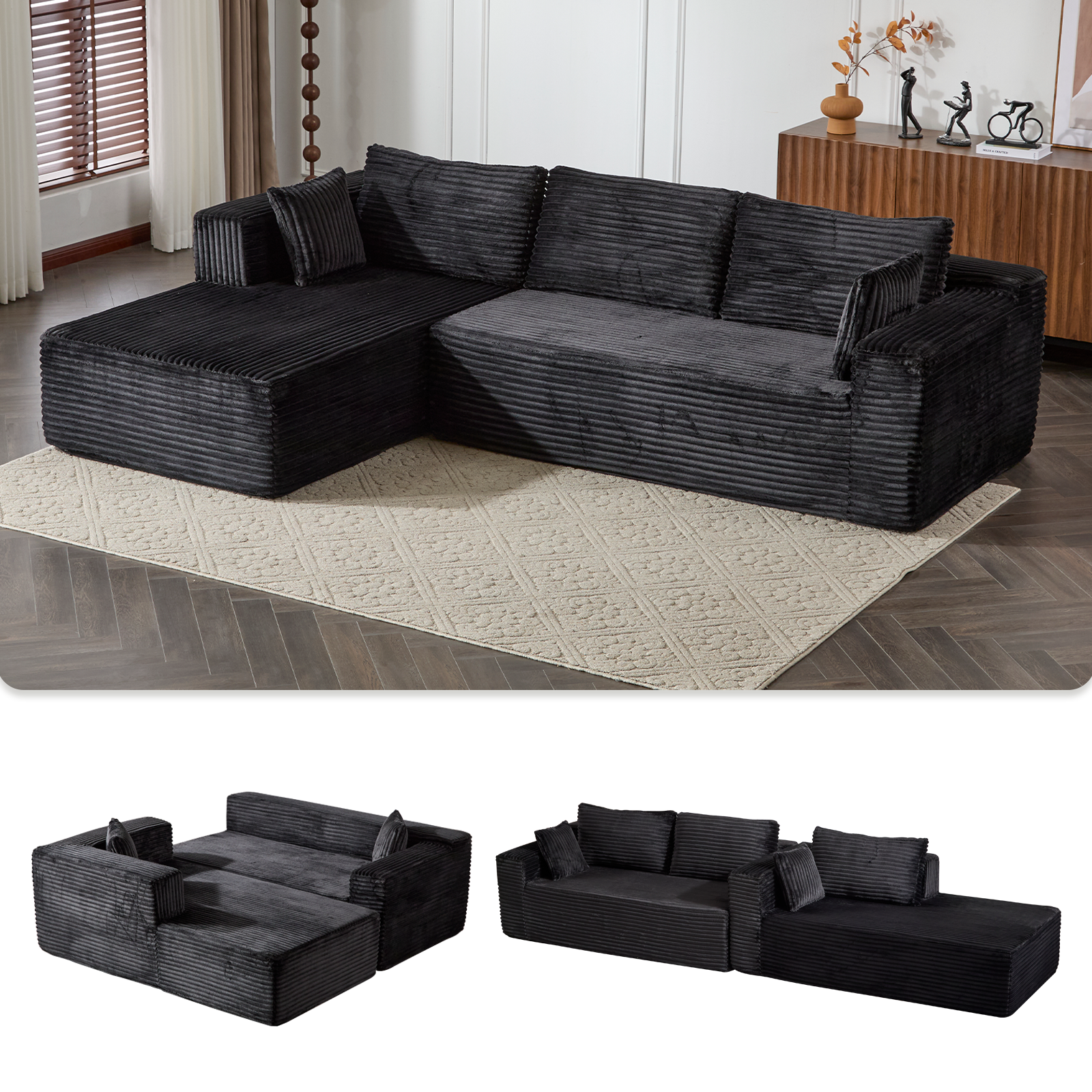 Sofá Seccional de Compresión con Chaise Cómodo, Sofá en Forma de L sin Estructura Ósea con Asiento Profundo, Sofás Modulares Minimalistas con Función de Cama para Sala de Estar, Dormitorio, Apartamento o Sala de Recreo, terciopelo acordonado, Negro