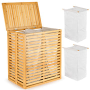 Cesta de Lavandería de Bambú con Tapa - Cesta de Lavandería Plegable con 2 Secciones de Bolsillos Forrados Desmontables para Baño, Dormitorio y Lavandería