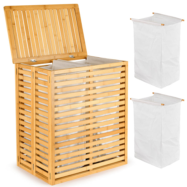 Cesta de Lavandería de Bambú con Tapa - Cesta de Lavandería Plegable con 2 Secciones de Bolsillos Forrados Desmontables para Baño, Dormitorio y Lavandería
