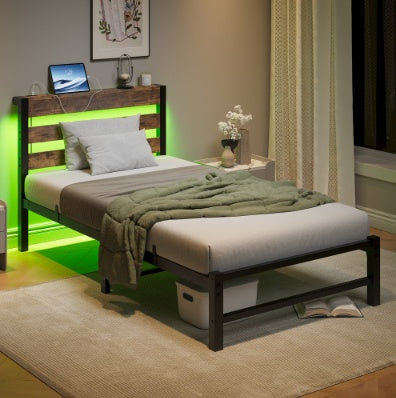 Estructura de Cama Tamaño Individual Marco de Cama Plataforma de Uso Intensivo con Cabecero, Estación de Carga USB, Cama con Luces LED, No Se Requiere Resorte de Caja, Base para Colchón, Listones de Acero Resistentes, Sin Ruido, Marrón