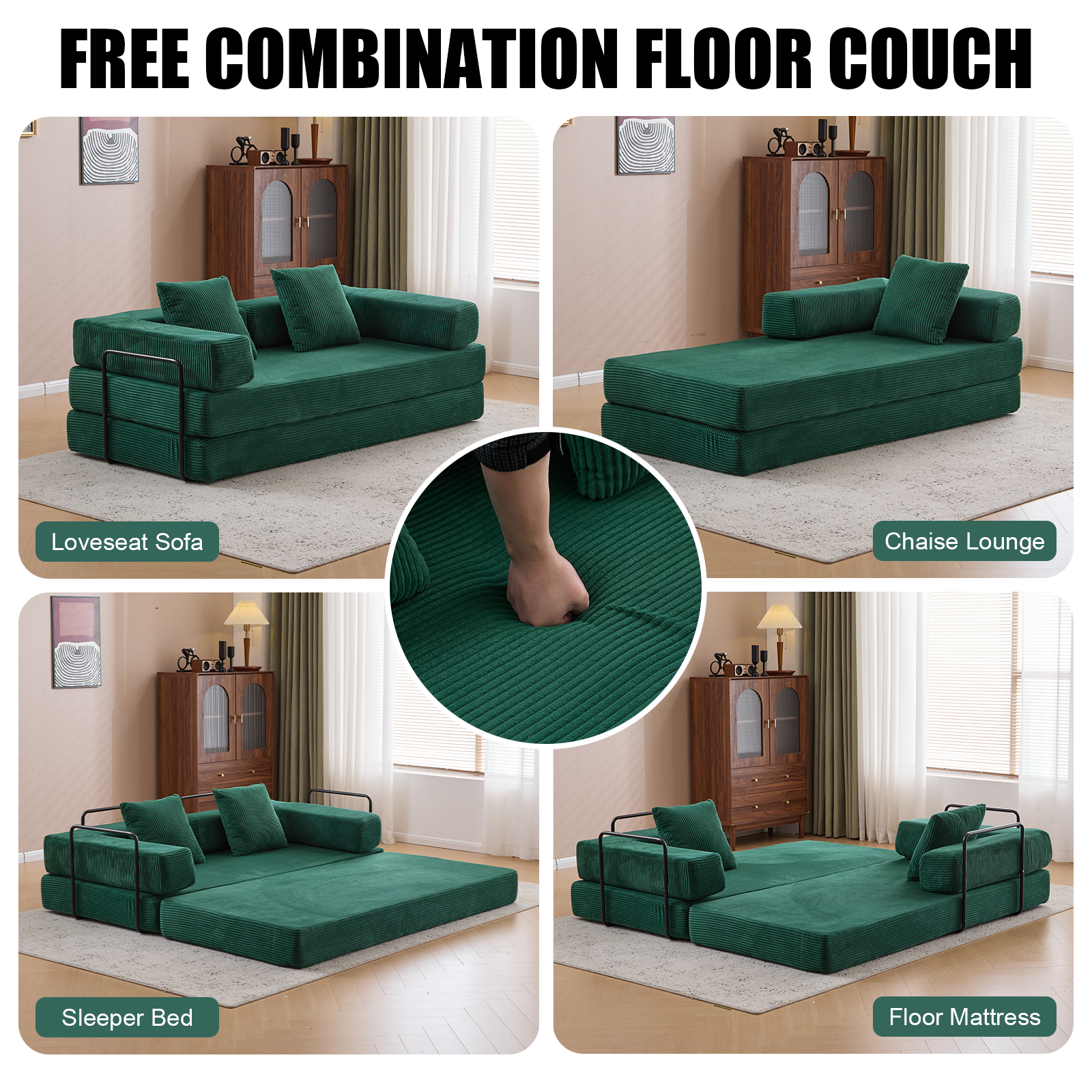 Sofá de Suelo, Sofá de Compresión, Sofá Cama Convertible de Suelo - con Soporte de Espalda en Almohada y Reposabrazos, Sofá Futón Cómodo para Reposar Cama para Dormir, Tela de Corduroy, para Sala de Estar y Dormitorio en Verde Oscuro