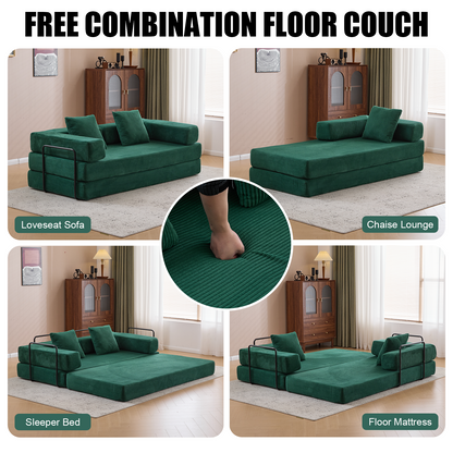 Floor Couch,Compression Sofa,Convertible Floor Sofa Bed-with Pillow Back Support Armrest,Comfy Futon Couch Lounge Sleeper Bed,Corduroy Fabric,for Living Room Bedroom Dark Green