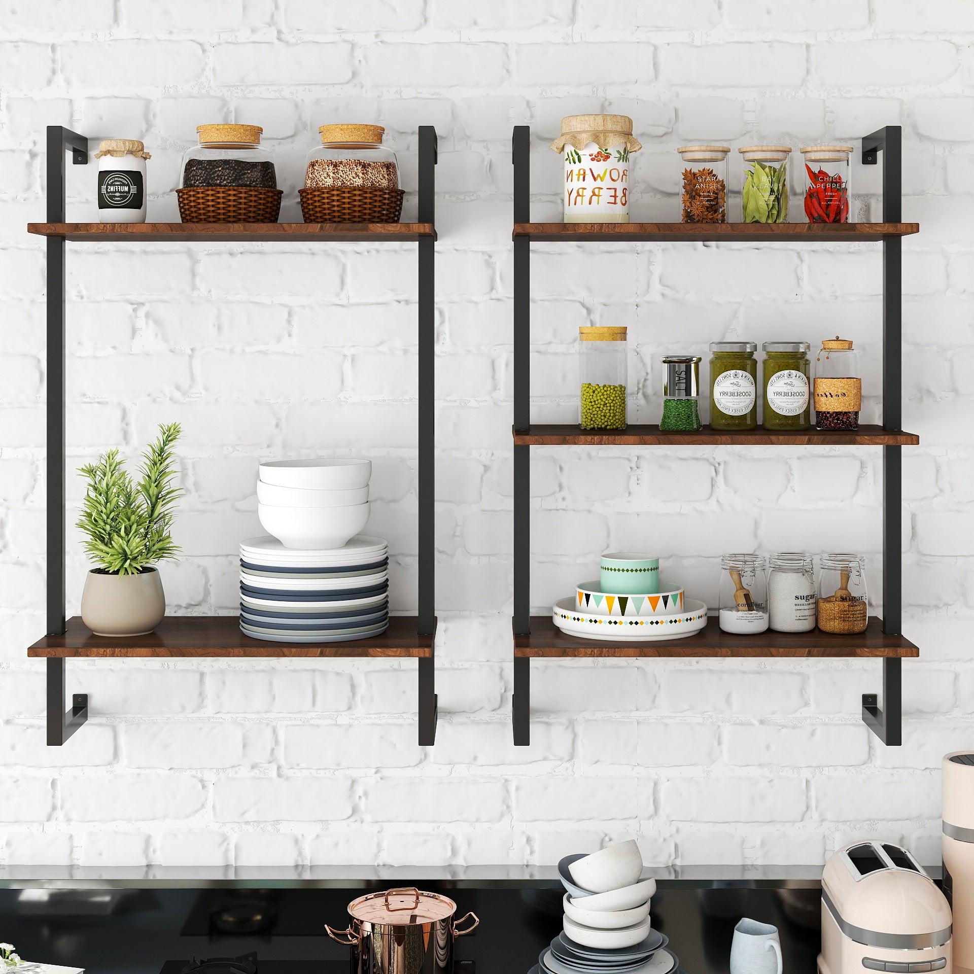 Estanterías de Baño de 3 Niveles y 2 Niveles de Metal y Madera, Estantería Colgante de Almacenamiento