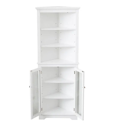 FRALIMK Matte White Tall Corner Storage Cabinet, Floor Storage Narrow Organizers With Double Glass Doors And Adjustable Shelves
