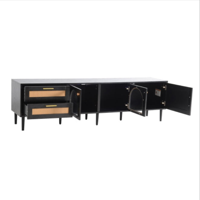 Rattan-Fernsehtisch mit 3 Schränken & 2 Schubladen, Rattan-inspirierte Medienkonsole für Fernseher bis zu 80 Zoll, LED-Licht-Unterhaltungszentrum, TV-Schrank für Wohnzimmer, Schlafzimmer, Heimkino