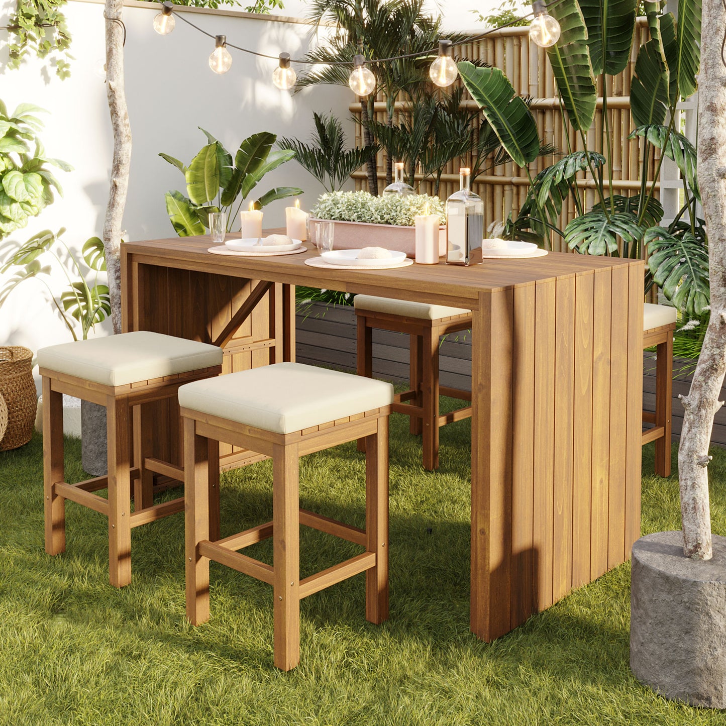 5 Piece Outdoor Bar Set, Patio Acacia Wood Bar Height Table & Four Stools With Cushions, Wood Dining Bar Set For Backyard, Poolside, Balcony, Beige