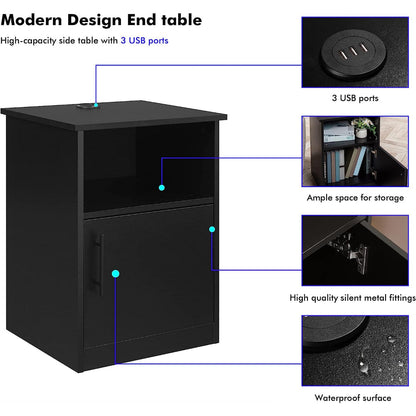 Egil - Modern Wide Top Open Shelf Cabinet Nightstand with Charging Station