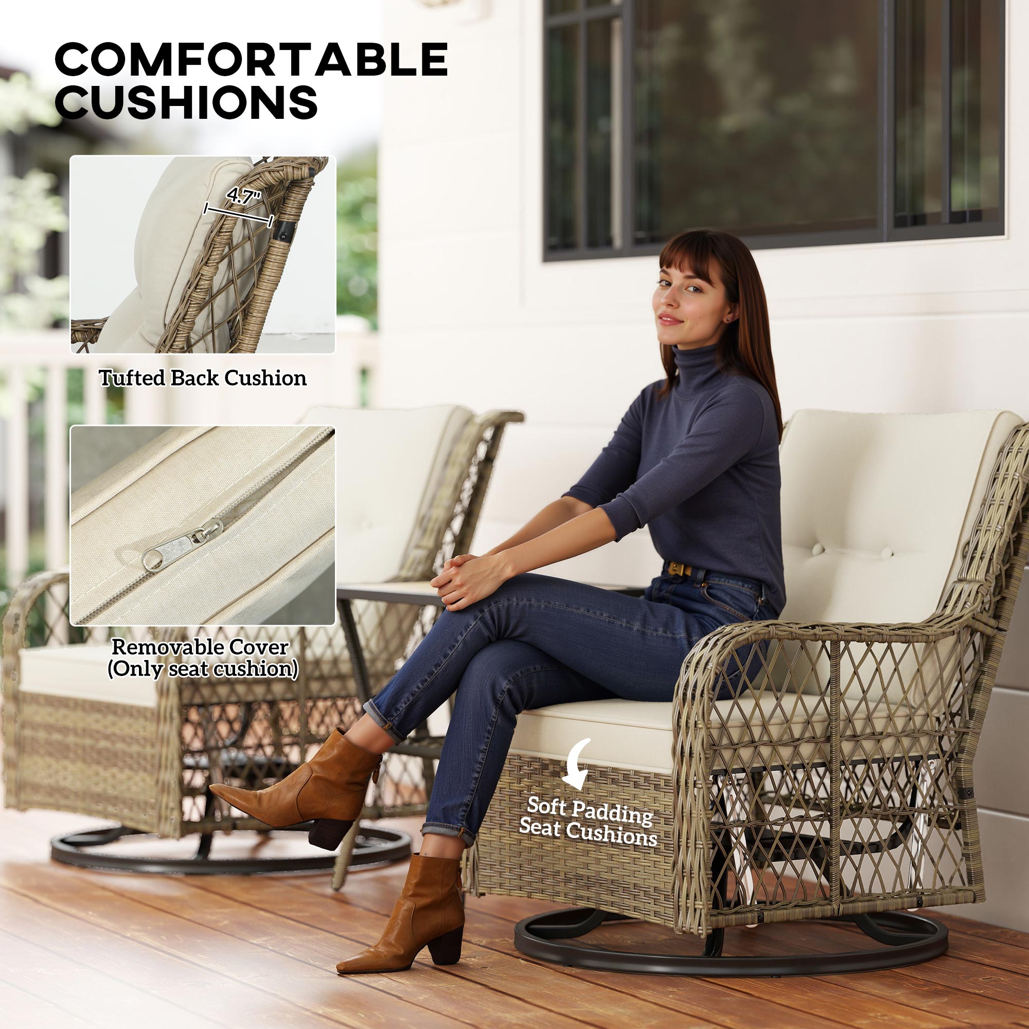 Wicker Bistro Set Swivel Chairs Patio Beige