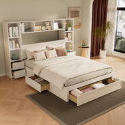 Königliche Größe Kiefernholz-Platform-Bett mit All-in-One 2 Nachttischen, Stauraum-Regal und Schrank-Bücherregal mit 2 Ladeeinrichtungen, Multifunktionales Kapitäns-Bettgestell mit 3 Schubladen, Kein Boxspring-Fundament erforderlich