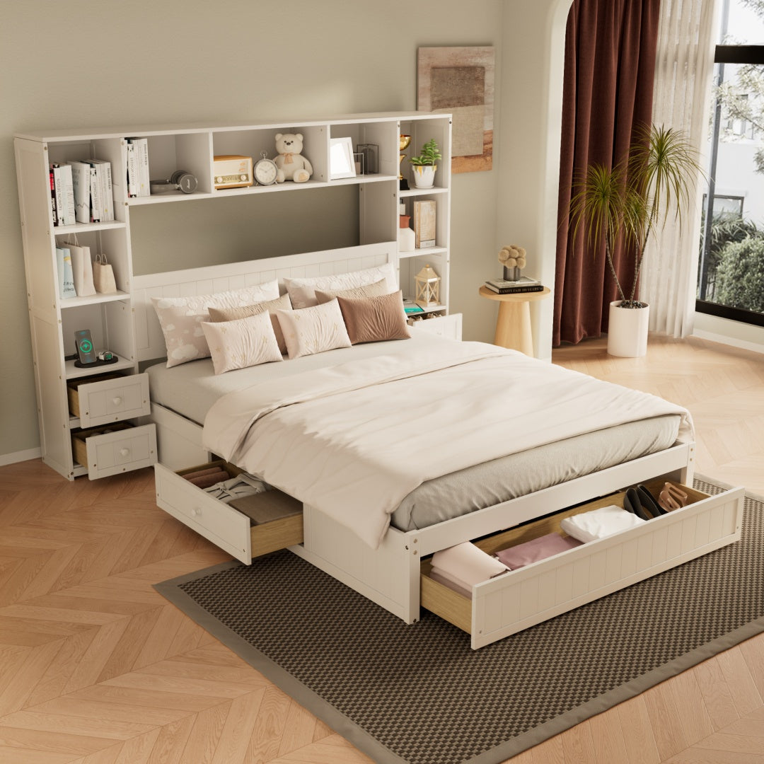 Königliche Größe Kiefernholz-Platform-Bett mit All-in-One 2 Nachttischen, Stauraum-Regal und Schrank-Bücherregal mit 2 Ladeeinrichtungen, Multifunktionales Kapitäns-Bettgestell mit 3 Schubladen, Kein Boxspring-Fundament erforderlich